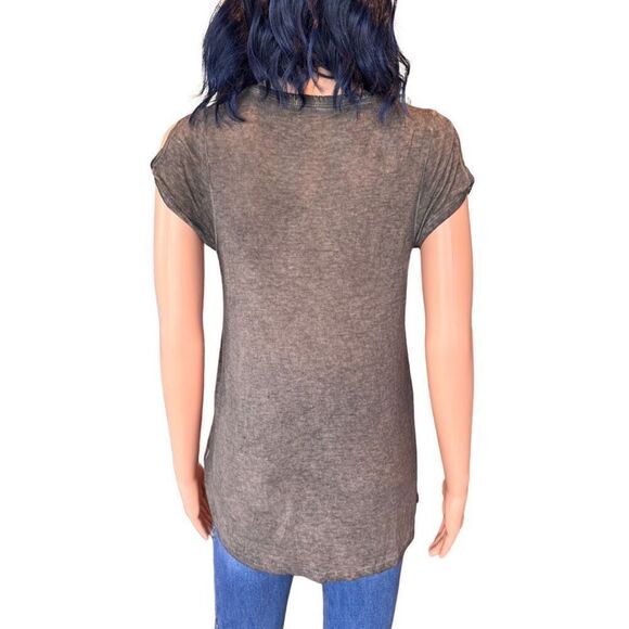 Anthropologie Labiz Washed Gray Brown Open Shoulder Pocket Tee Size Small NEW - Picture 4 of 5